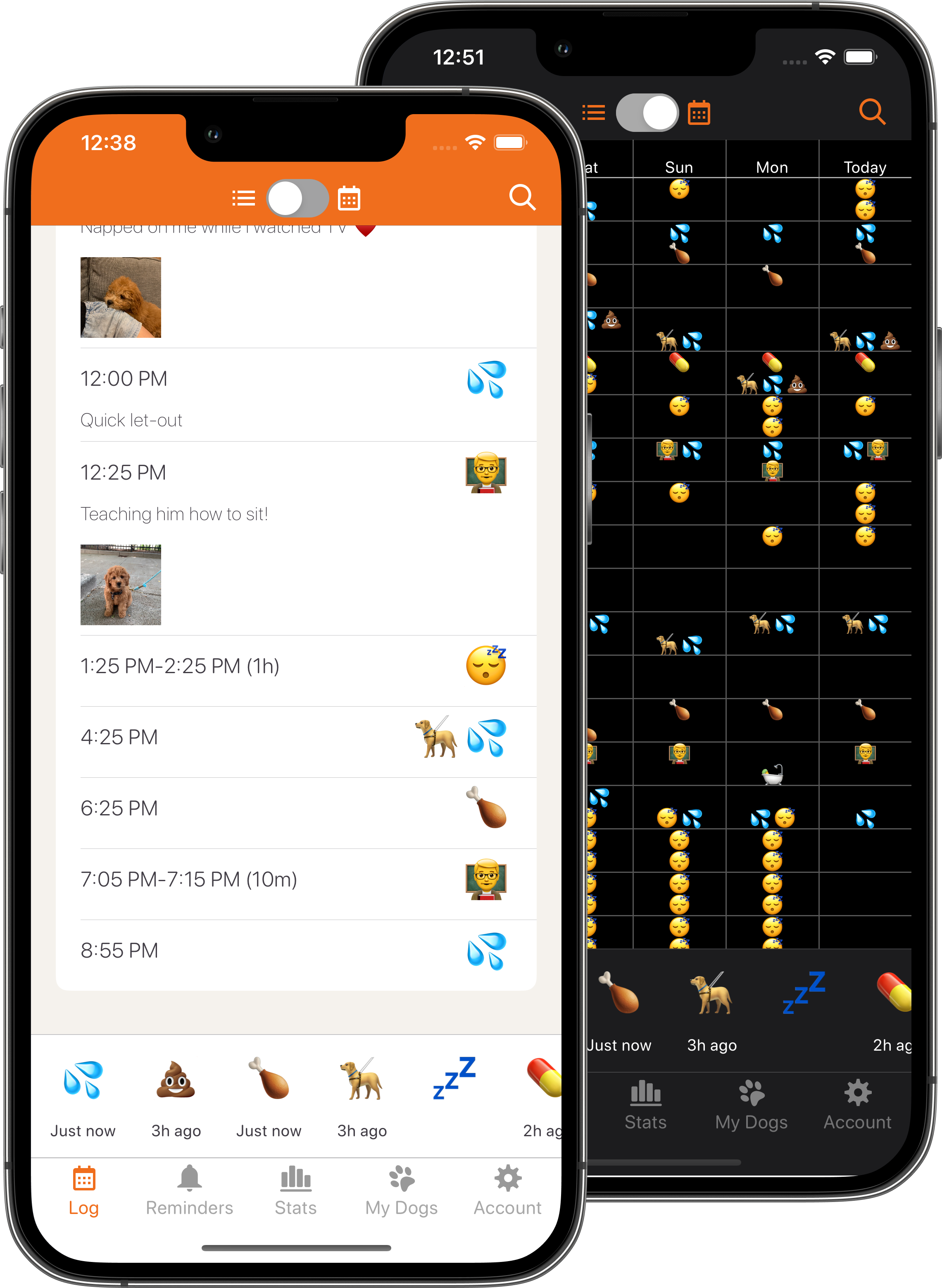 Pup to Date app screenshot showing event tracking